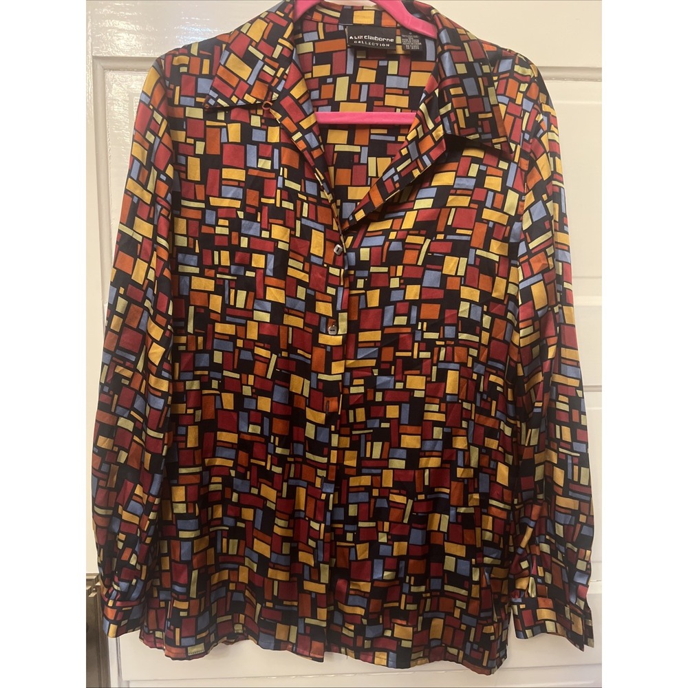 Vintage Liz Claiborne 100% Silk Long Sleeve Shirt stain glass size 4 multicolor